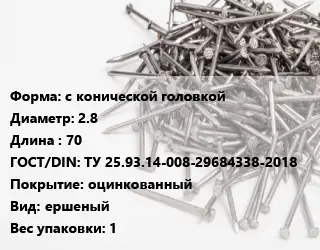 Гвоздь с конической головкой 2.8х70 ГОСТ: ТУ 25.93.14-008-29684338-2018 оцинкованный ершеный 1